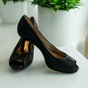 ANTONIO MELANI BLACK SNAKESKIN PEEP-TOE HEELS